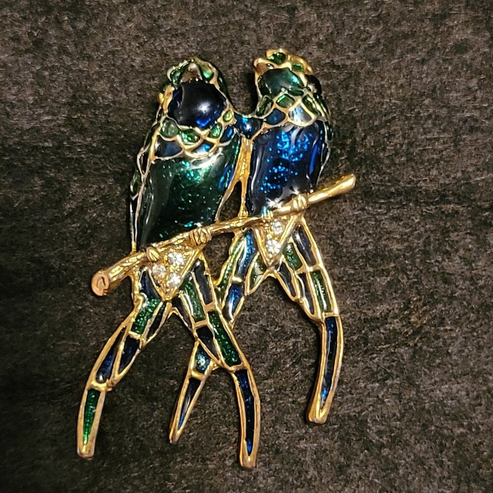 Blue and Green Enameled Parrots brooch